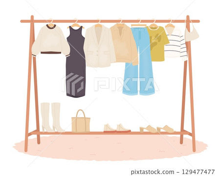 Wooden hanger with simple capsule outfits. Different clothes, sweater, t-shirt, pullover, jacket, jeans and black dress. Shoes and bags, female wardrobe vector elements Wooden hanger with simple capsule outfits. Different clothes, sweater, t-shirt, pullover, jacket, jeans and black dress. Shoes and bags, female wardrobe vector elements 129477477
