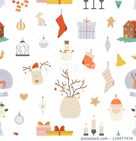 Winter holidays elements, christmas seamless pattern. Isolated xmas tree decoration toys, candles, home decor and gifts. Festive vector background Winter holidays elements, christmas seamless pattern. Isolated xmas tree decoration toys, candles, home decor and gifts. Festive vector background 129477478