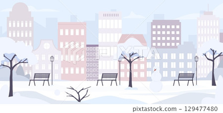 Winter city park. Snowy empty garden in town with benches, trees, snowman. Urban cozy seasonal landscape. Cold weather, holidays or weekend, vector background 129477480