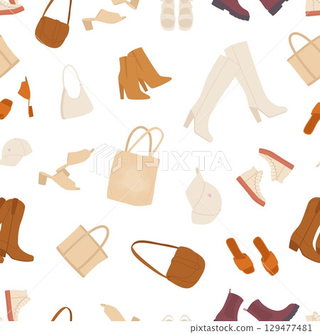 Stylish accessories seamless pattern. Female fashion boots shoes sneakers bags and purse, head cap. Cartoon outfit elements, vector background 129477481