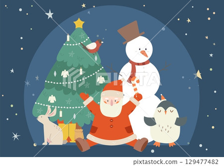 New year, christmas concept. Xmas tree with decorations, Santa Claus, bullfinch, rabbit penguin and snowman. Winter holidays card or banner, vector template 129477482