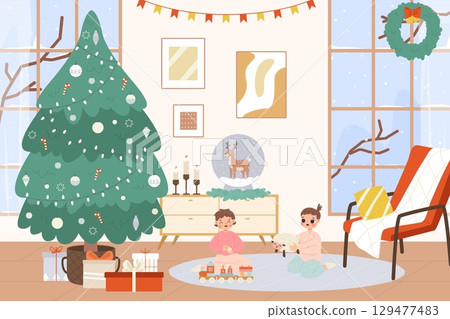 Funny little children playing with toys in Christmas interior. Happy girls play together, New Year festive eve. Winter holidays, living room decor, vector illustration 129477483