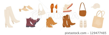Fashion female accessories. Isolated shoes boots sneakers, leather flip flop. Stylish bags, shopping textile bag and purse. Accessory vector clipart 129477485