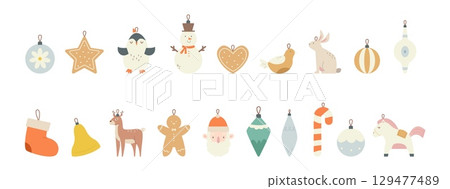 Christmas toys clipart. Isolated new year decorations for xmas tree. Different glass balls, snowman, gingerbread man, deer, bird, sweets, vector collection 129477489