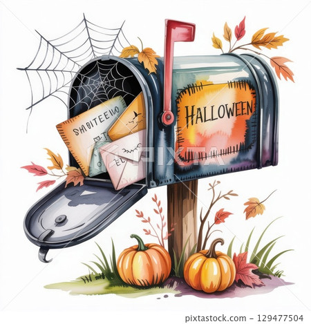 Colorful Halloween Mailbox Surrounded by Pumpkins and Autumn Leaves With a Spooky Vibe Colorful Halloween Mailbox Surrounded by Pumpkins and Autumn Leaves With a Spooky Vibe 129477504