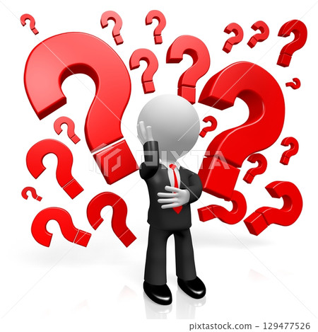 Cartoon businessman and question mark - confusion concept - 3D illustration 129477526