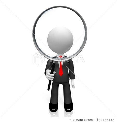 Cartoon businessman holding magnifying glass - research concept - 3D illustration 129477532