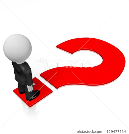 Cartoon businessman and question mark - confusion concept - 3D illustration 129477534