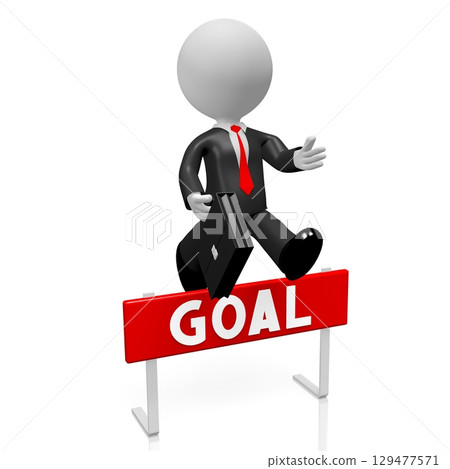 Cartoon businessman jumping over an obstacle - goal concept - 3D illustration 129477571