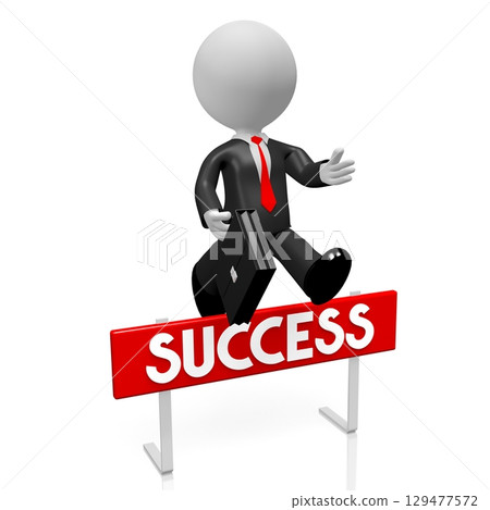 Cartoon businessman jumping over an obstacle - success concept - 3D illustration 129477572