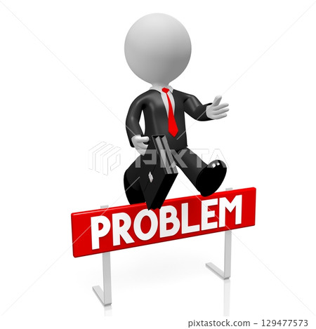 Cartoon businessman jumping over an obstacle - problem concept - 3D illustration Cartoon businessman jumping over an obstacle - problem concept - 3D illustration 129477573