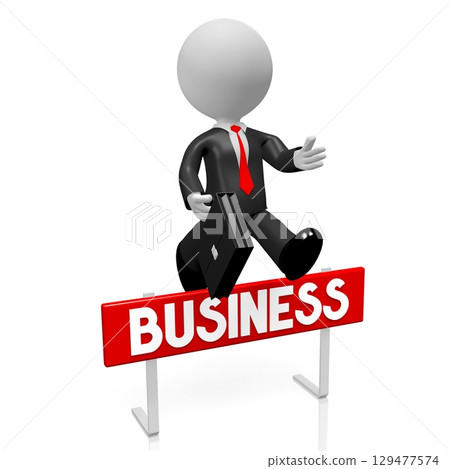 Cartoon businessman jumping over an obstacle - business concept - 3D illustration 129477574