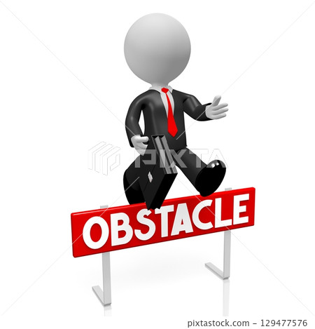 Cartoon businessman jumping over an obstacle - 3D illustration Cartoon businessman jumping over an obstacle - 3D illustration 129477576