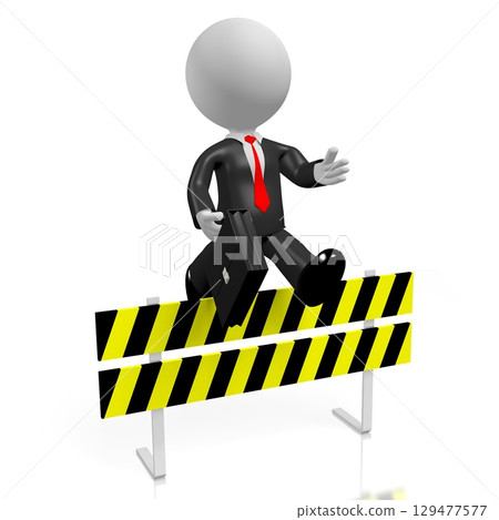 Cartoon businessman jumping over an obstacle - 3D illustration Cartoon businessman jumping over an obstacle - 3D illustration 129477577