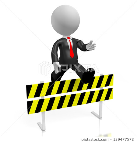 Cartoon businessman jumping over an obstacle - 3D illustration Cartoon businessman jumping over an obstacle - 3D illustration 129477578