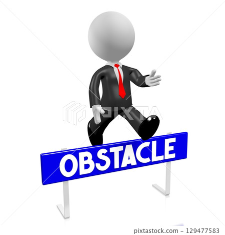 Cartoon businessman jumping over an obstacle - 3D illustration Cartoon businessman jumping over an obstacle - 3D illustration 129477583