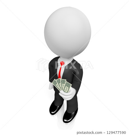 Cartoon businessman holding one dollar bills - 3D illustration Cartoon businessman holding one dollar bills - 3D illustration 129477590