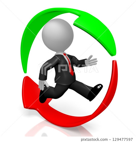 Running cartoon businessman and arrows - performance concept - 3D illustration Running cartoon businessman and arrows - performance concept - 3D illustration 129477597