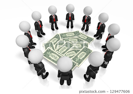 Cartoon businessmen and one dollar bills - 3D illustration Cartoon businessmen and one dollar bills - 3D illustration 129477606
