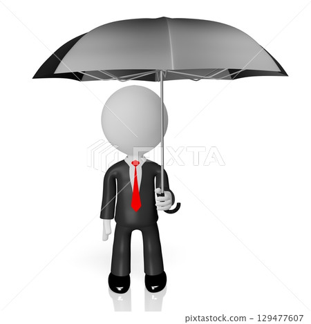 Cartoon businessman holds and umbrella - 3D illustration Cartoon businessman holds and umbrella - 3D illustration 129477607