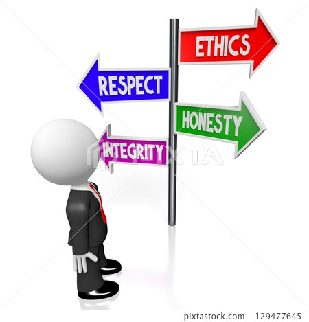 Cartoon businessman - ethics, respect, honesty, integrity signpost - 3D illustration 129477645