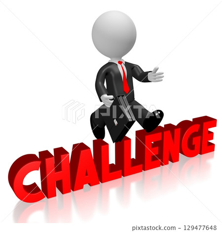 Cartoon businessman jumping over challenge word - 3D illustration 129477648