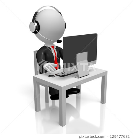 Cartoon character with headset working on computer - 3D illustration 129477681