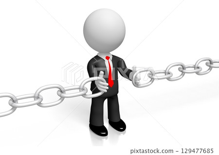 Cartoon businessman holding chain - missing link concept - 3D illustration Cartoon businessman holding chain - missing link concept - 3D illustration 129477685