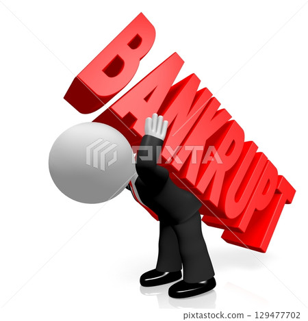 Cartoon businessman carrying bankrupt word - 3D illustration 129477702