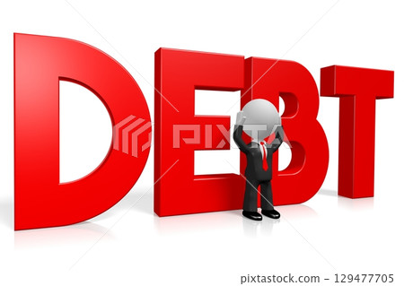 Cartoon businessman and debt word - 3D illustration 129477705