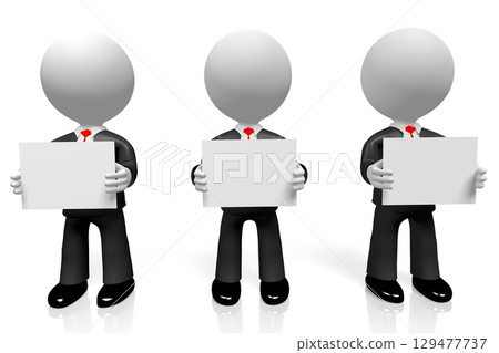 Three cartoon characters holding blank pieces of paper - 3D illustration 129477737