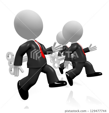 Three wind-up toy cartoon characters running - 3D illustration 129477744