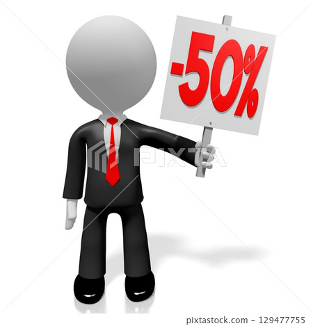 Cartoon businessman holding 50 percent off banner - 3D illustration 129477755