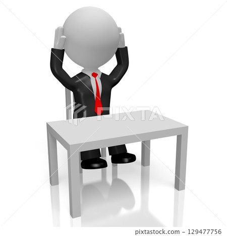 Cartoon character sitting behind a desk - worried concept - 3D illustration Cartoon character sitting behind a desk - worried concept - 3D illustration 129477756