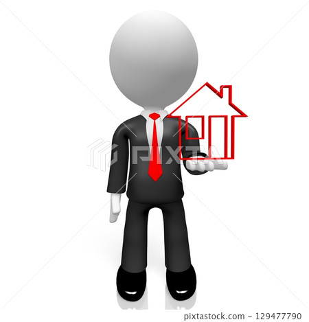 Cartoon businessman holding house shape - 3D illustration 129477790