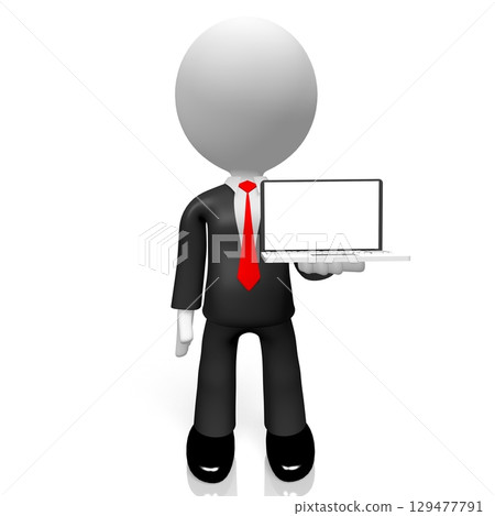 Cartoon businessman holding laptop - 3D illustration Cartoon businessman holding laptop - 3D illustration 129477791