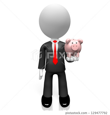 Cartoon businessman holding piggy bank - 3D illustration Cartoon businessman holding piggy bank - 3D illustration 129477792