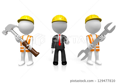 Cartoon construction workers with tools - 3D illustration Cartoon construction workers with tools - 3D illustration 129477810