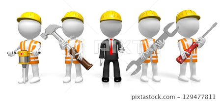 Cartoon construction workers with tools - 3D illustration 129477811