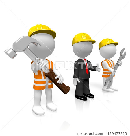 Cartoon construction workers with tools - 3D illustration 129477813