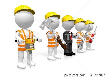 Cartoon construction workers with tools - 3D illustration Cartoon construction workers with tools - 3D illustration 129477814