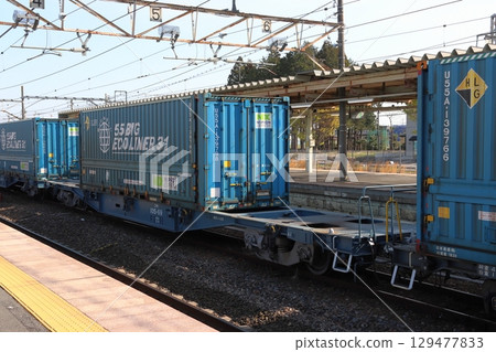 一列豐田長路特快貨運列車在東北本線的一個中間站調整時間。 129477833