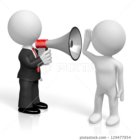Cartoon businessman talks over a megaphone to another person - 3D illustration 129477854