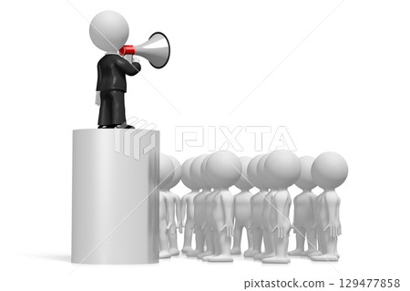 Cartoon character taking to an audience with a megaphone - 3D illustration 129477858