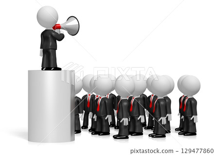 Cartoon character taking to an audience with a megaphone - 3D illustration Cartoon character taking to an audience with a megaphone - 3D illustration 129477860