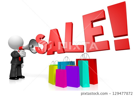 Cartoon businessman holding megaphone - sale concept - 3D illustration 129477872