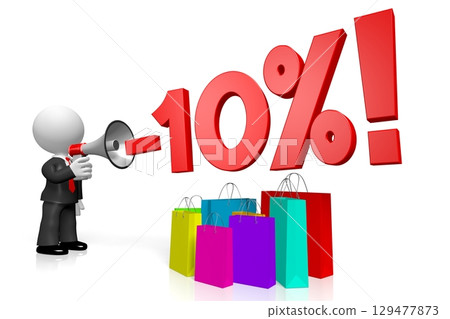 Cartoon businessman holding megaphone - 10 percent off sale - 3D illustration 129477873