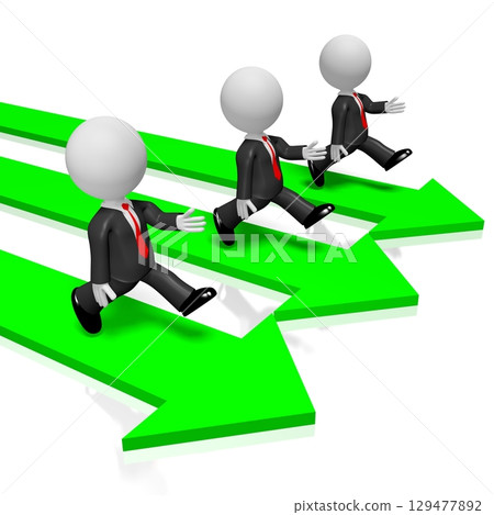 Arrows and running cartoon businessmen - competition concept - 3D illustration 129477892