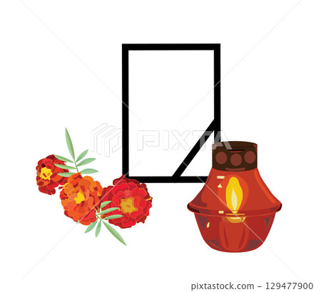 Funeral frame, candle and marigold flowers. Vector illustration. Funeral frame, candle and marigold flowers. Vector illustration. 129477900