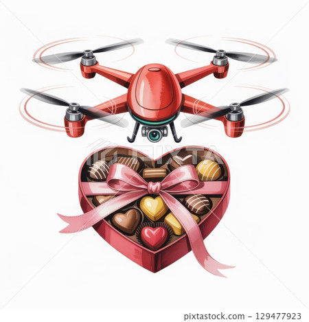 Charming Watercolor Illustration of a Red Drone Delivering Heart-Shaped Chocolate Box Charming Watercolor Illustration of a Red Drone Delivering Heart-Shaped Chocolate Box 129477923
